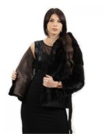 Mahogany hooded jacket size 44 horizontal mink fur with leather belt external pockets - Image 7