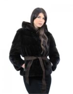 Mahagoni Kapuzenjacke Größe 48 horizontales Nerzfell mit Ledergürtel Außentaschen – Bild 4