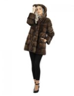80 cm long scanbrown hooded jacket size 44 horizontal mink fur coat with leather belt external pockets - Image 5