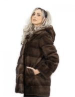 80 cm long scanbrown hooded jacket size 44 horizontal mink fur coat with leather belt external pockets - Image 3