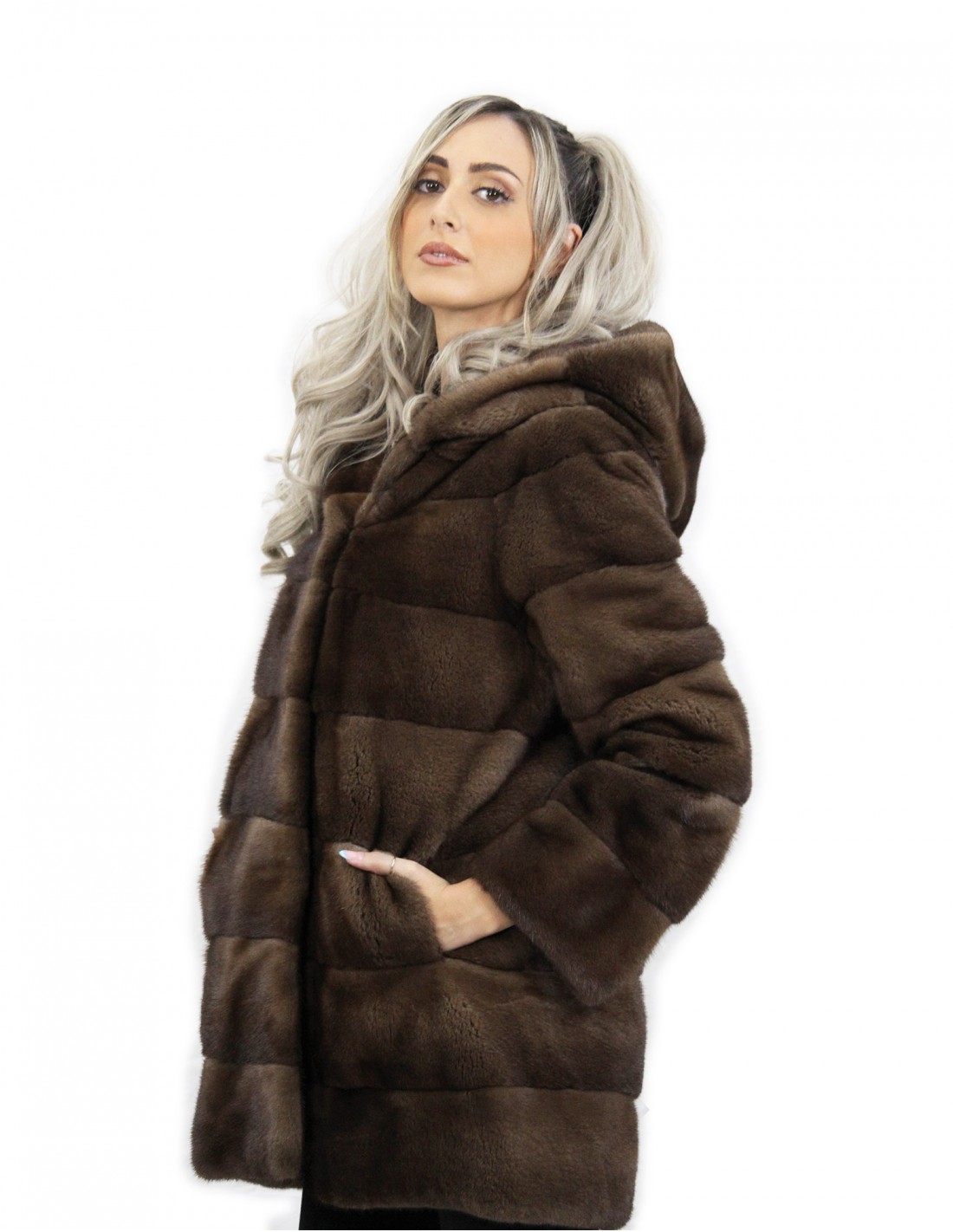 80 cm long scanbrown hooded jacket size 44 horizontal mink fur coat with leather belt external pockets - Image 3