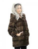 80 cm long scanbrown hooded jacket size 44 horizontal mink fur coat with leather belt external pockets - Image 4