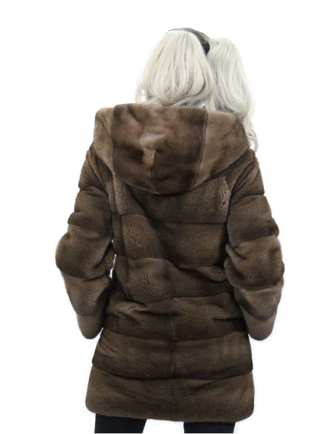 80 cm long scanbrown hooded jacket size 44 horizontal mink fur coat with leather belt external pockets - Image 6
