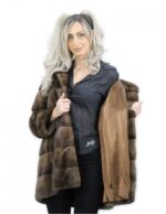 80 cm long scanbrown hooded jacket size 44 horizontal mink fur coat with leather belt external pockets - Image 7