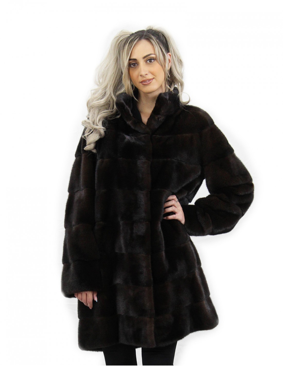 Cappotto con cappuccio mogano lungo 90 cm taglia 48 pelliccia di visone orizzontale tasche esterne