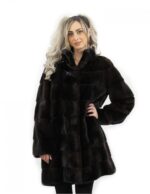 Cappotto con cappuccio mogano lungo 90 cm taglia 50 pelliccia di visone orizzontale tasche esterne