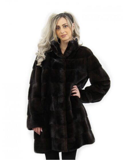Cappotto con cappuccio mogano lungo 90 cm taglia 50 pelliccia di visone orizzontale tasche esterne
