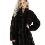 Cappotto con cappuccio mogano lungo 90 cm taglia 54 pelliccia di visone orizzontale tasche esterne