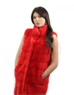 1 Gilet pelliccia 44 di visone orizzontale rosso lungo 102 centimetri con tasche laterali collo pistagna