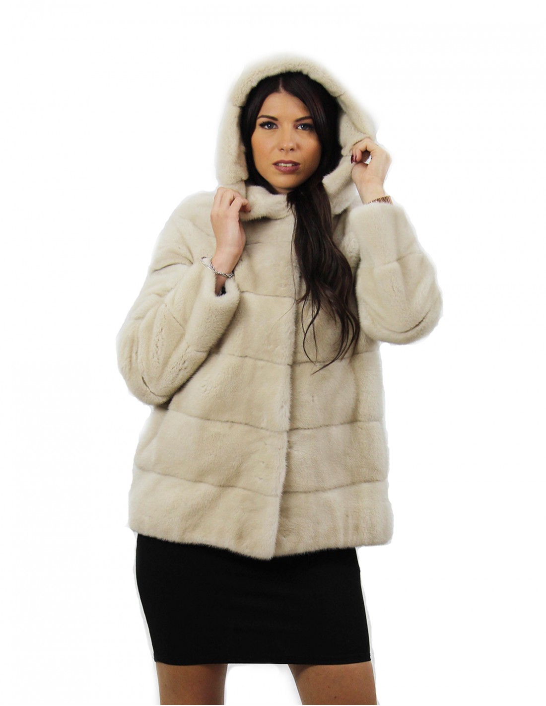 Giacca con cappuccio perla lungo 70 cm taglia 42 pelliccia di visone orizzontale tasche esterne Giacca con cappuccio perla lungo 70 cm taglia 42 pelliccia di visone orizzontale tasche esterne