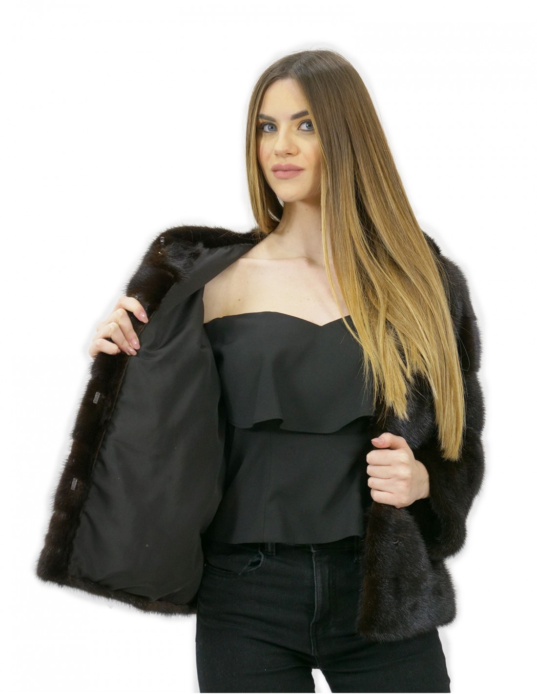 Short jacket mahogany fur mink size 44 hood long sleeve pockets outside pockets - Image 7