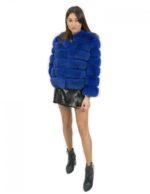 Giacca pelliccia volpe blu 44 con maniche corta chiusura ganci con tasche riporti pelle nera