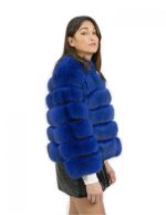 Giacca pelliccia volpe blu 44 con maniche corta chiusura ganci con tasche riporti pelle nera