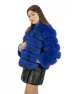 Giacca pelliccia volpe blu 44 con maniche corta chiusura ganci con tasche riporti pelle nera