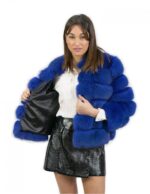 Giacca pelliccia volpe blu 44 con maniche corta chiusura ganci con tasche riporti pelle nera