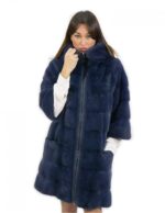 Cappotto lungo ben 92 centimetri taglia 44 blu pelliccia visone con cappuccio