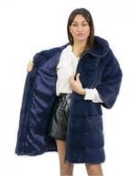 Cappotto lungo ben 92 centimetri taglia 44 blu pelliccia visone con cappuccio