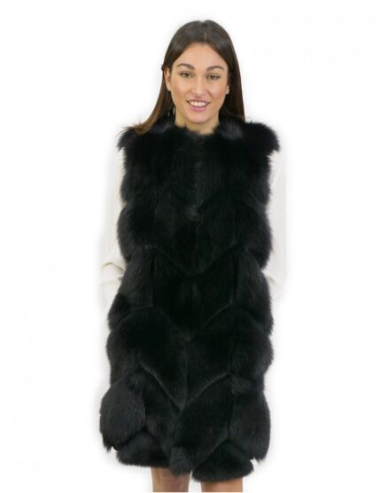 Gilet di pelliccia di volpe nero taglia 52 con pelle scamosciata e chiusura ganci