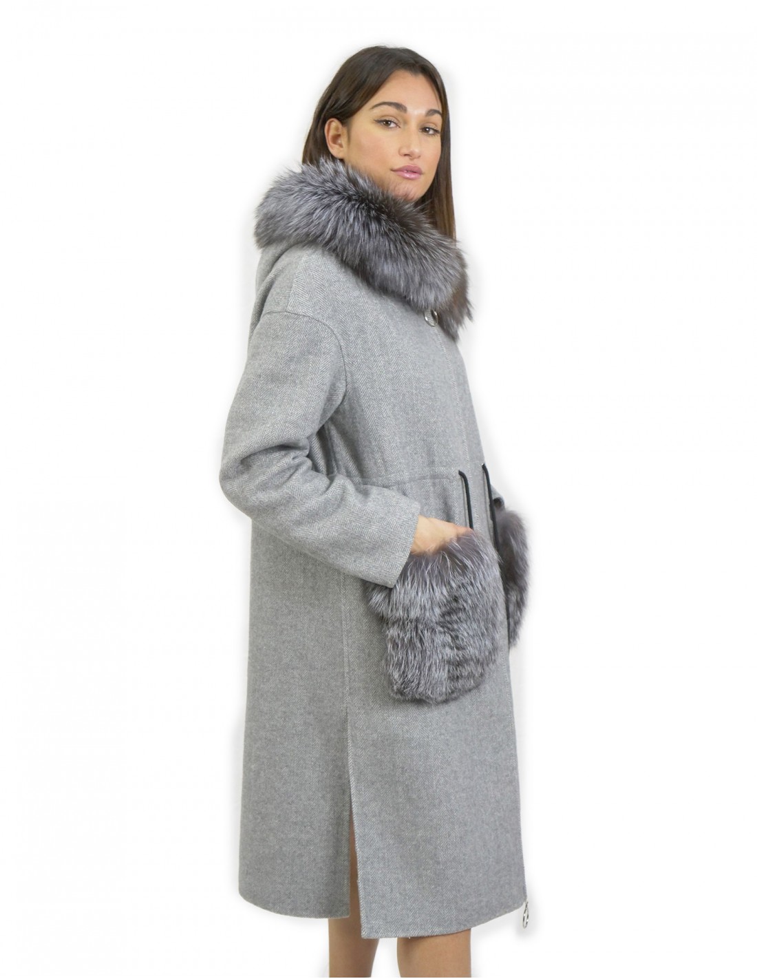 Graue Wollkaschmalzjacke Größe 46 mit Fuchsumrand kapuzierter Kapuze und Reißverschluss – Bild 4