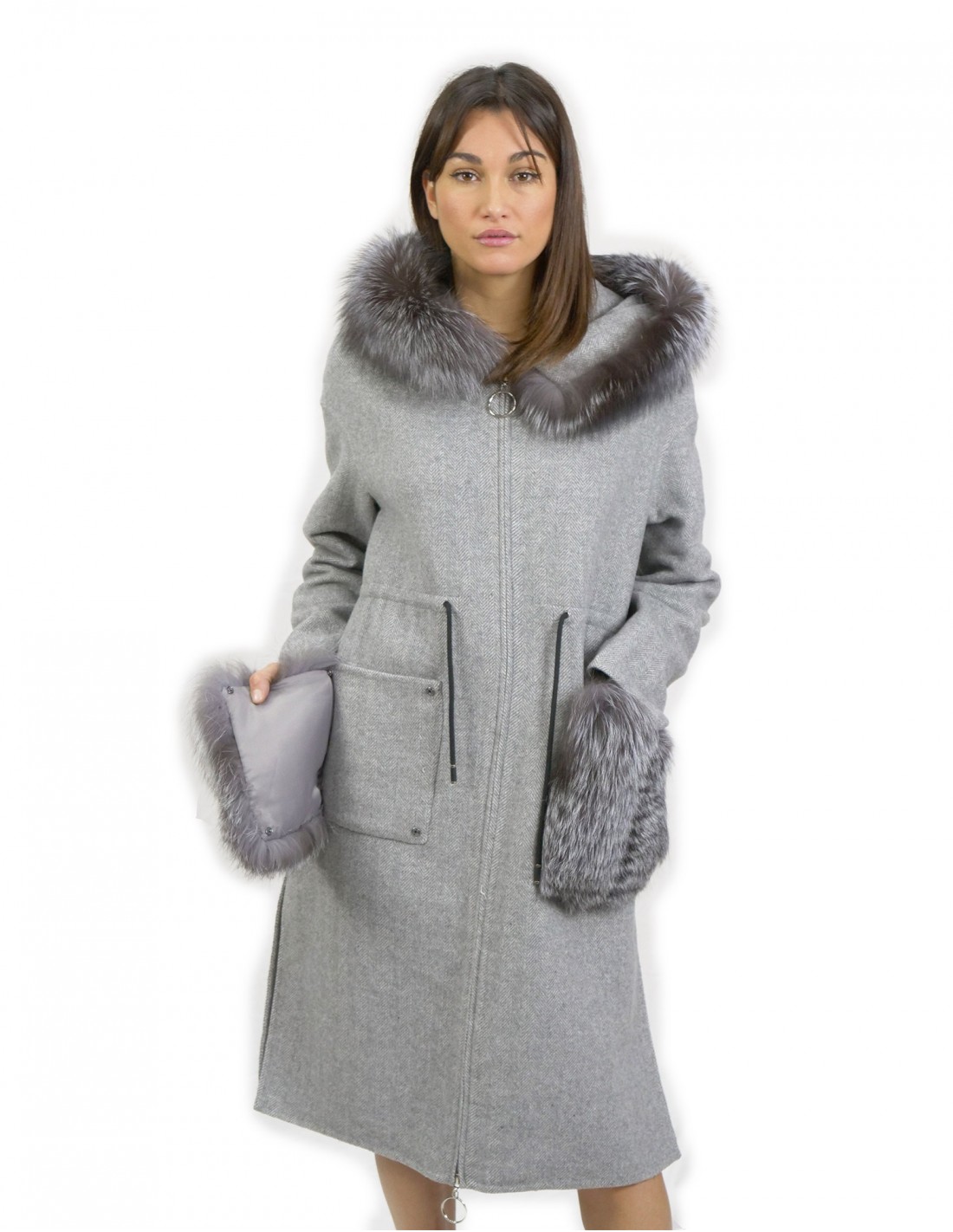 Graue Wollkaschmalzjacke Größe 46 mit Fuchsumrand kapuzierter Kapuze und Reißverschluss – Bild 5