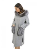 Graue Wollkaschmalzjacke Größe 46 mit Fuchsumrand kapuzierter Kapuze und Reißverschluss – Bild 3