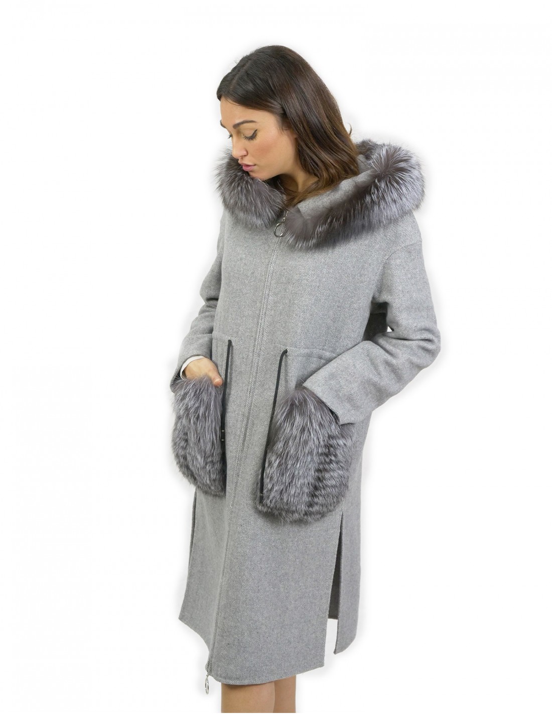 Graue Wollkaschmalzjacke Größe 46 mit Fuchsumrand kapuzierter Kapuze und Reißverschluss – Bild 3