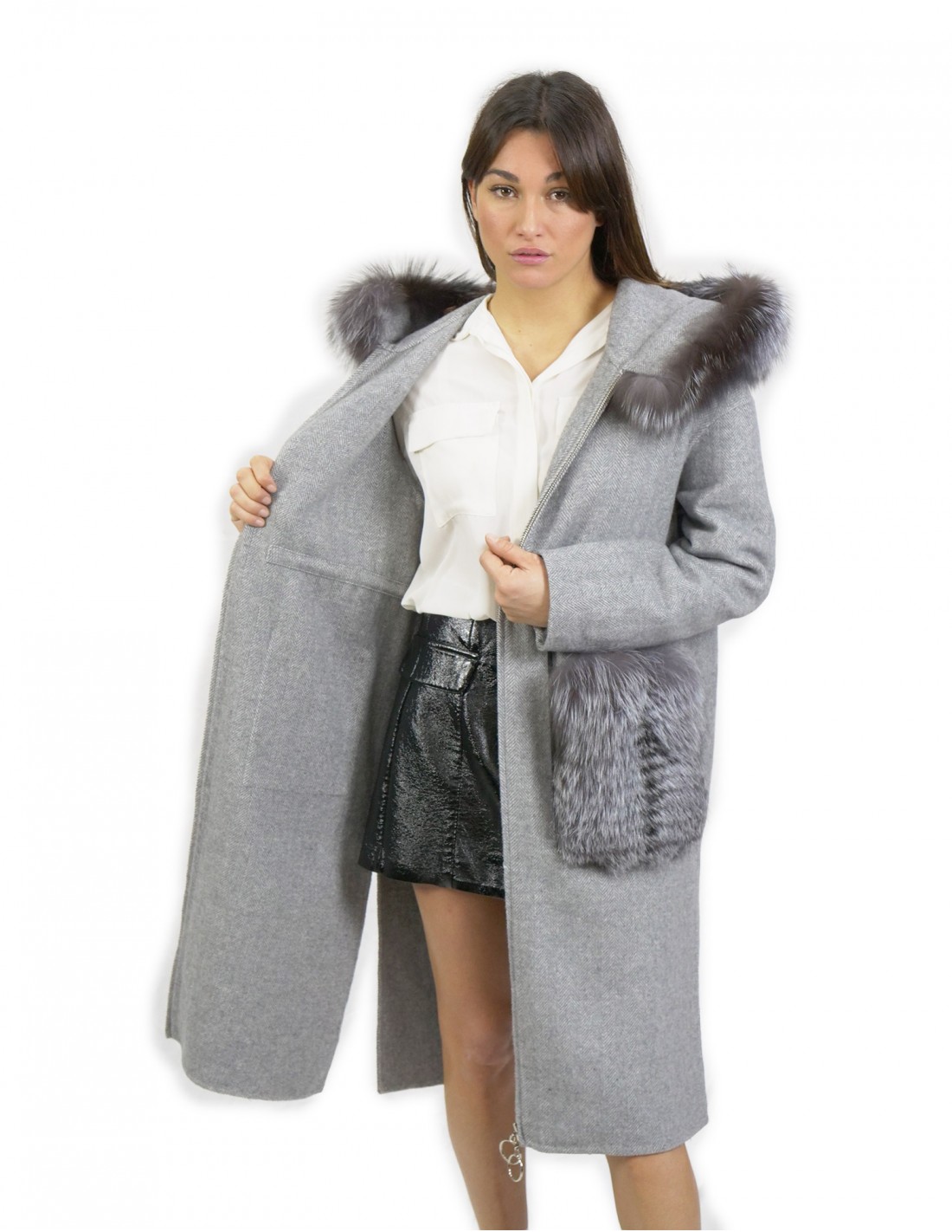 Graue Wollkaschmalzjacke Größe 46 mit Fuchsumrand kapuzierter Kapuze und Reißverschluss – Bild 8