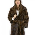 Cappotto pelliccia lungo 90 cm taglia 46 visone con cintura in pelliccia esterna e collo bavero
