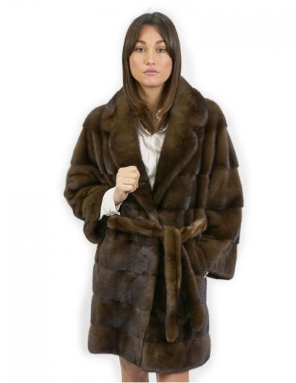 Cappotto pelliccia lungo 90 cm taglia 46 visone con cintura in pelliccia esterna e collo bavero