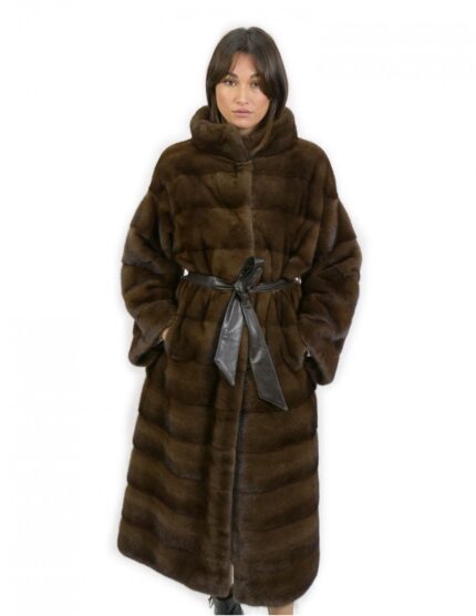 Cappotto 120 centimetri demi 48 con cintura pelle pelliccia visone con manica lunga orizzontale collo pistagna