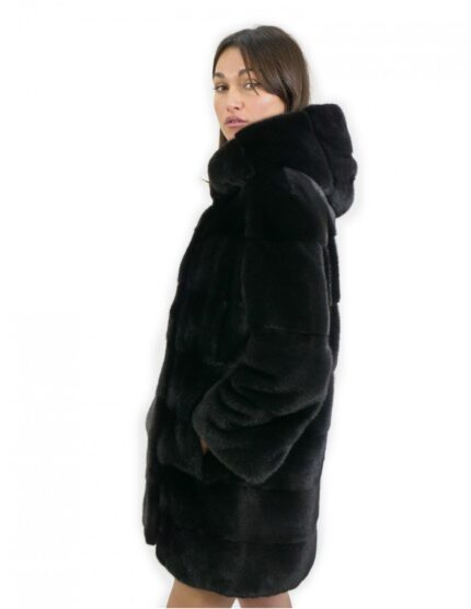 Giacca taglia 44 lunga 88 centimetri pelliccia visone orizzontale cappuccio black manica 3/4