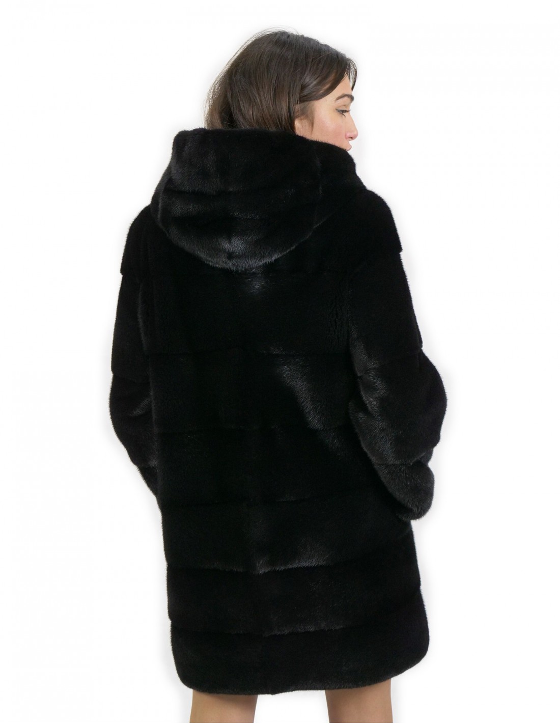 Jacket size 44 long 88 cm fur mink horizontal hood black sleeve 3/4 - Image 5