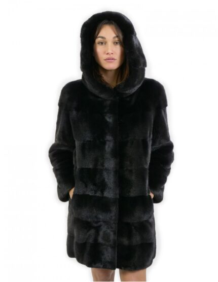 Giacca taglia 44 lunga 88 centimetri pelliccia visone orizzontale cappuccio black manica 3/4