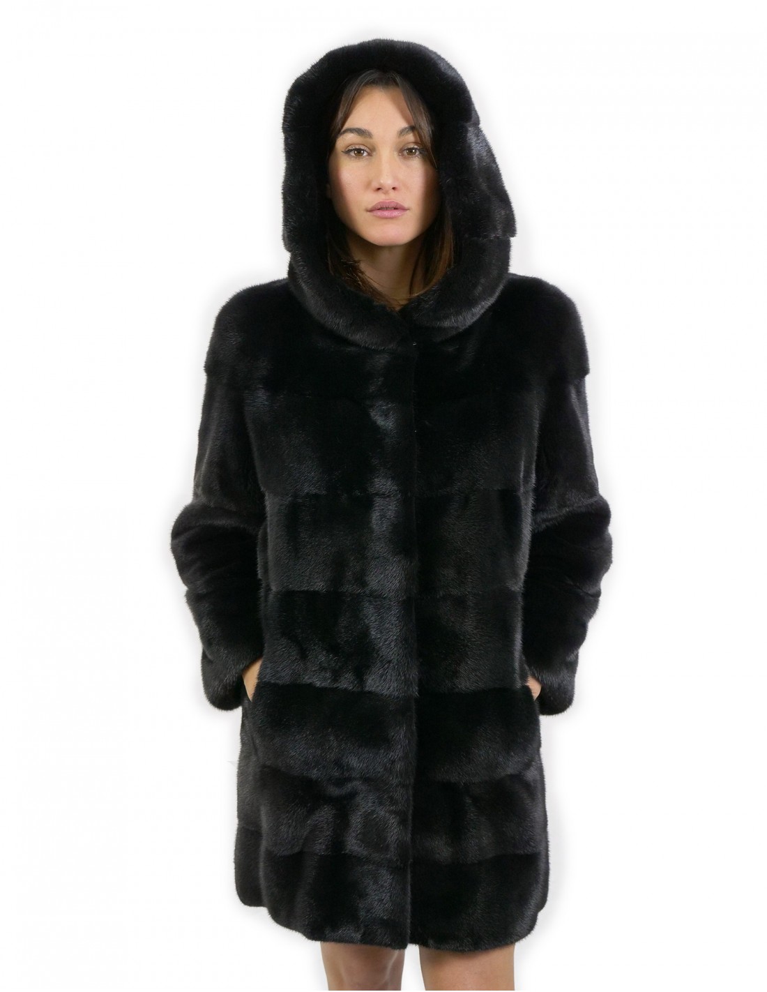 Jacket size 44 long 88 cm fur mink horizontal hood black sleeve 3/4 - Image 1