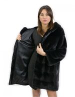 Jacket size 44 long 88 cm fur mink horizontal hood black sleeve 3/4 - Image 6