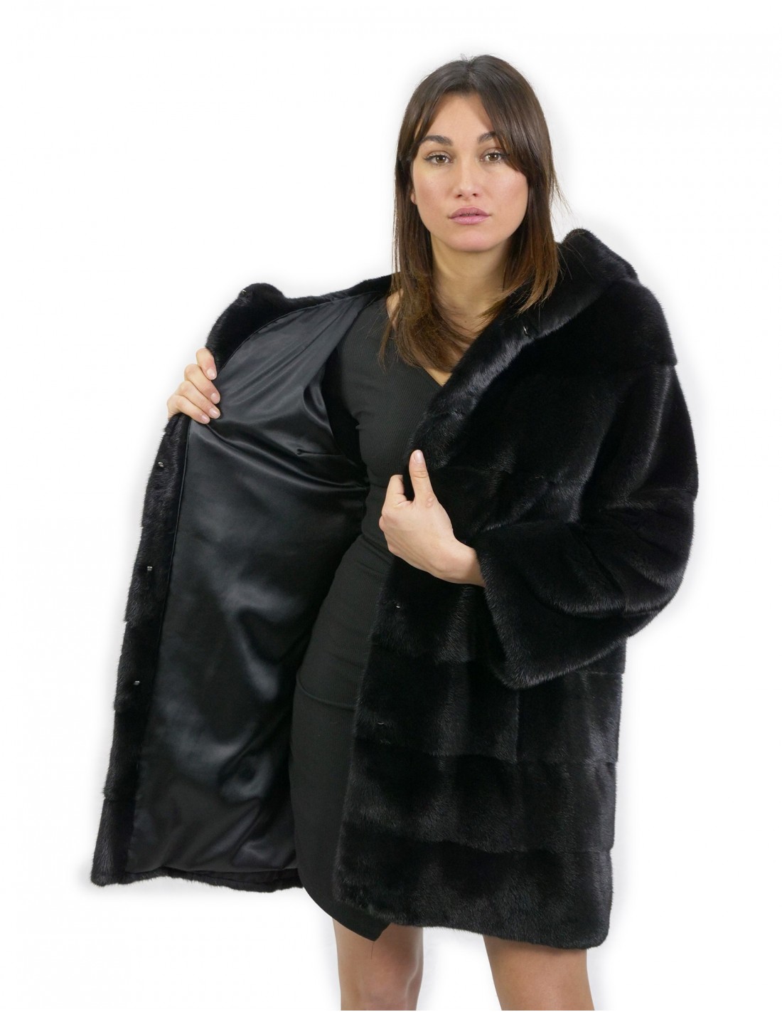 Jacket size 44 long 88 cm fur mink horizontal hood black sleeve 3/4 - Image 6
