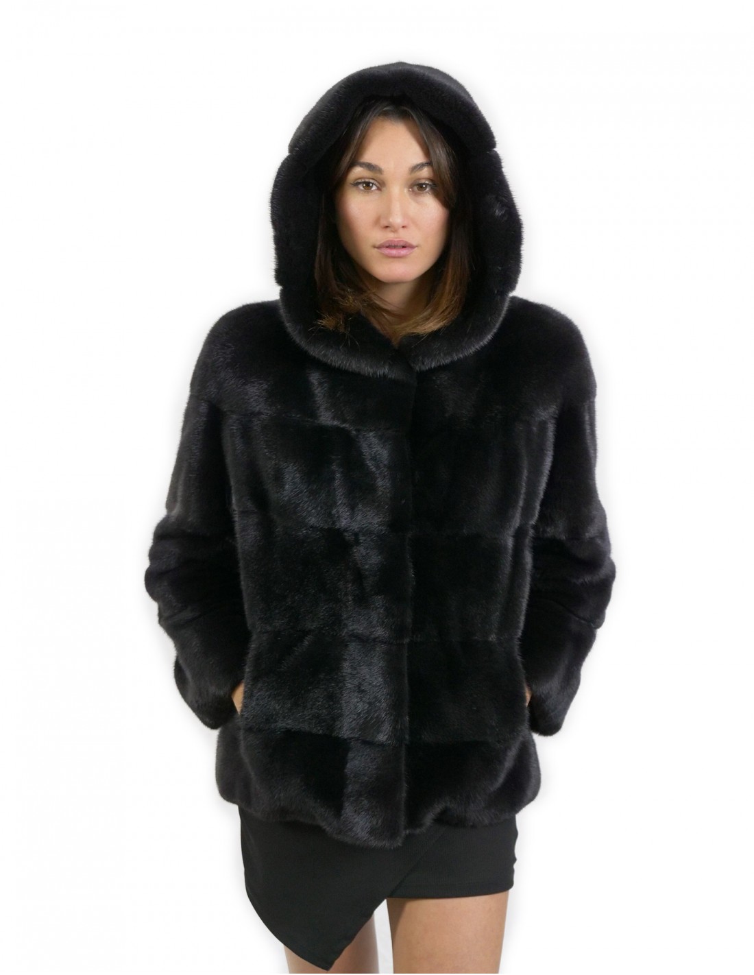 Giacca taglia 46 lunga 70 centimetri pelliccia visone orizzontale cappuccio black manica 3/4