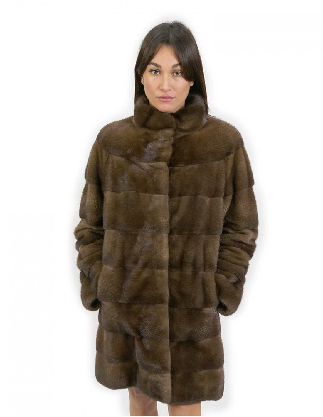 Cappotto collo coreana scanbrown lungo 90 cm taglia 54 pelliccia di visone orizzontale tasche esterne