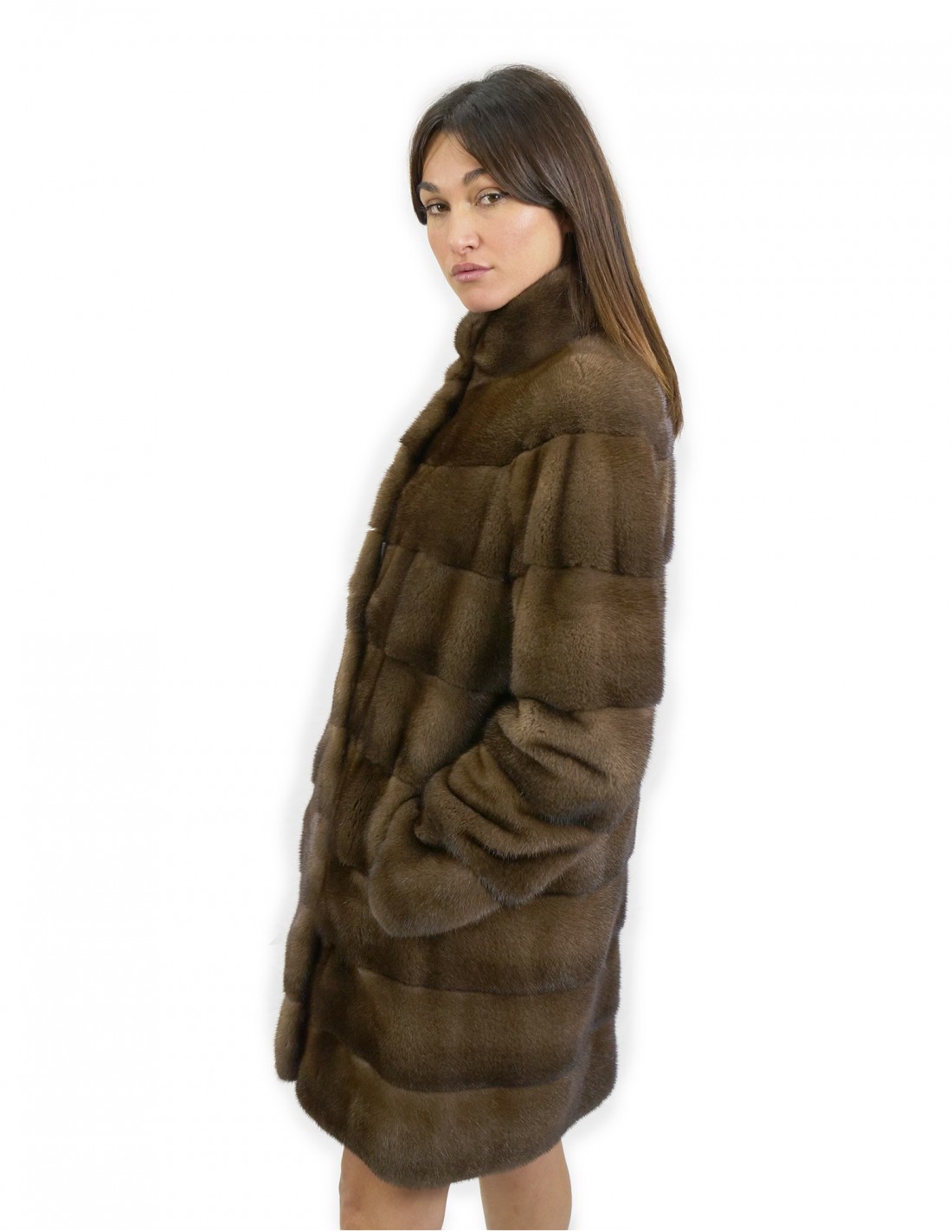 Koreanischer scanbrauner Kragenmantel 90 cm lang Größe 54 horizontale Nerzfell Außentaschen – Bild 3