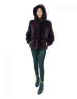Burgundy 42 horizontal mink fur coat with elastic cuffs, hood, external pockets - Image 5