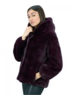 Burgundy 42 horizontal mink fur coat with elastic cuffs, hood, external pockets - Image 3