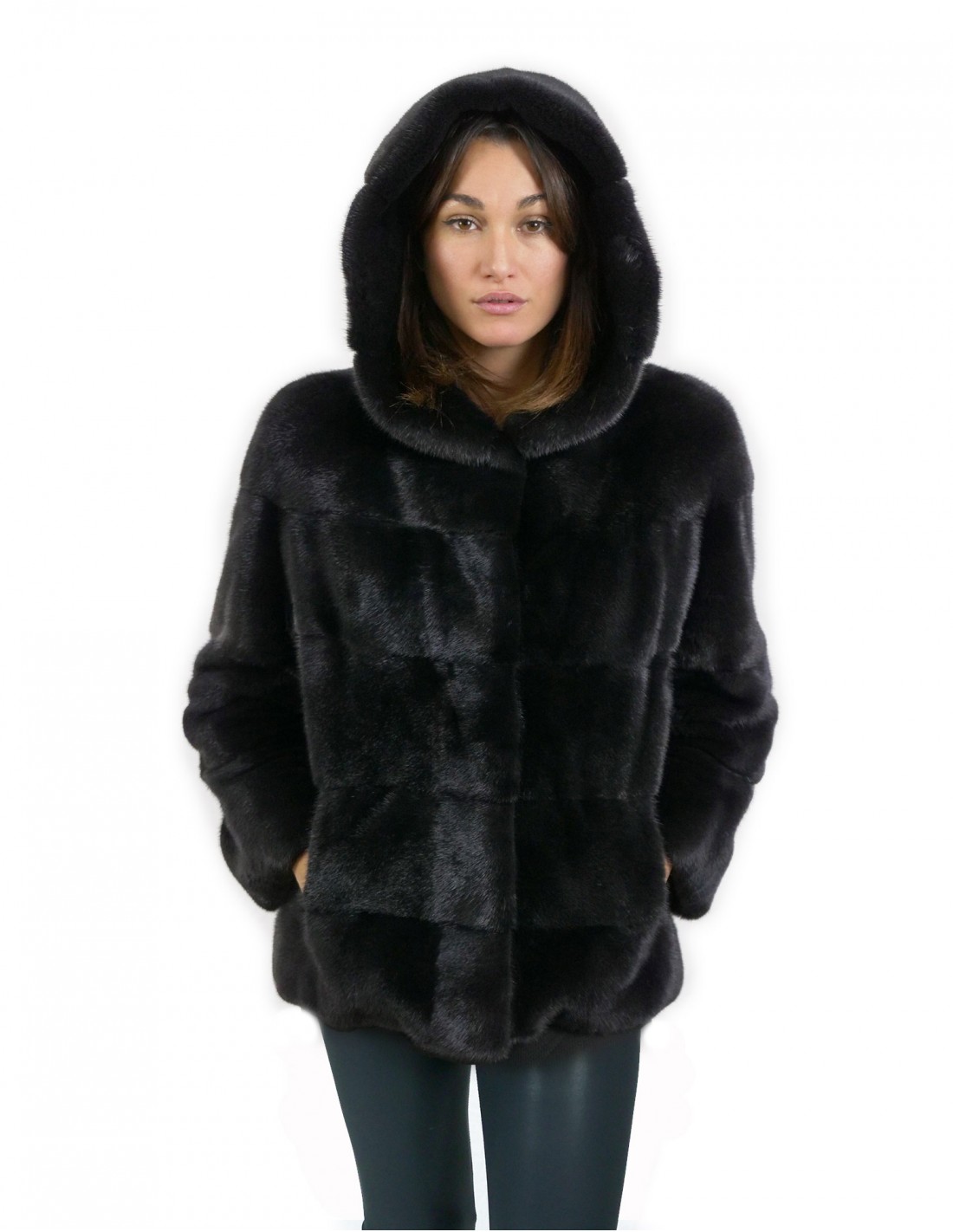 Giacca cappuccio visone orizzontale nero 46 coulisse fondo manica lunga chiusura ganci e tasche Giacca cappuccio visone orizzontale nero 46 coulisse fondo manica lunga chiusura ganci e tasche