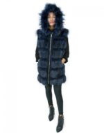 Gilet in pelliccia di volpe 50 e pelle colore blu chiusura zip e cappuccio in pelliccia esterna