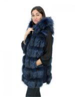 Gilet in pelliccia di volpe 50 e pelle colore blu chiusura zip e cappuccio in pelliccia esterna
