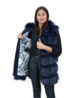 Gilet in pelliccia di volpe 50 e pelle colore blu chiusura zip e cappuccio in pelliccia esterna