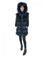 Gilet in pelliccia di volpe 50 e pelle colore blu chiusura zip e cappuccio in pelle con bordo in pelliccia