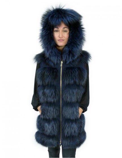 Gilet in pelliccia di volpe 50 e pelle colore blu chiusura zip e cappuccio in pelle con bordo in pelliccia