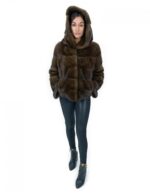 Giacca corta in pelliccia scanbrown di visone orizzontale 44 manica lunga cappuccio tasche esterne