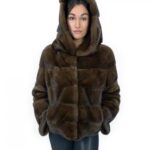 Giacca corta in pelliccia scanbrown di visone orizzontale 44 manica lunga cappuccio tasche esterne