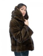 Giacca corta in pelliccia scanbrown di visone orizzontale 44 manica lunga cappuccio tasche esterne